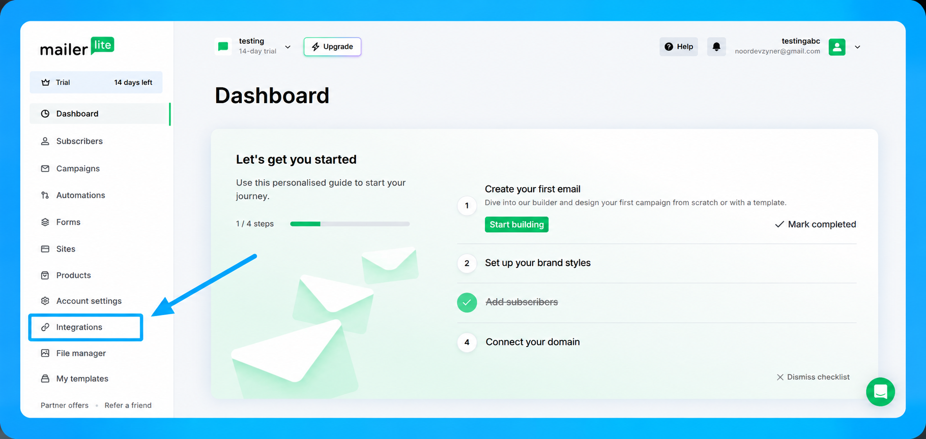 MailerLite Dashboard with Integrations Highlighted